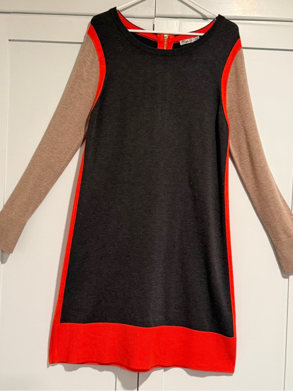 Eliza J Charcoal Gray Knit Dress with Orange Trim and Carmel Sleeves, Size XL